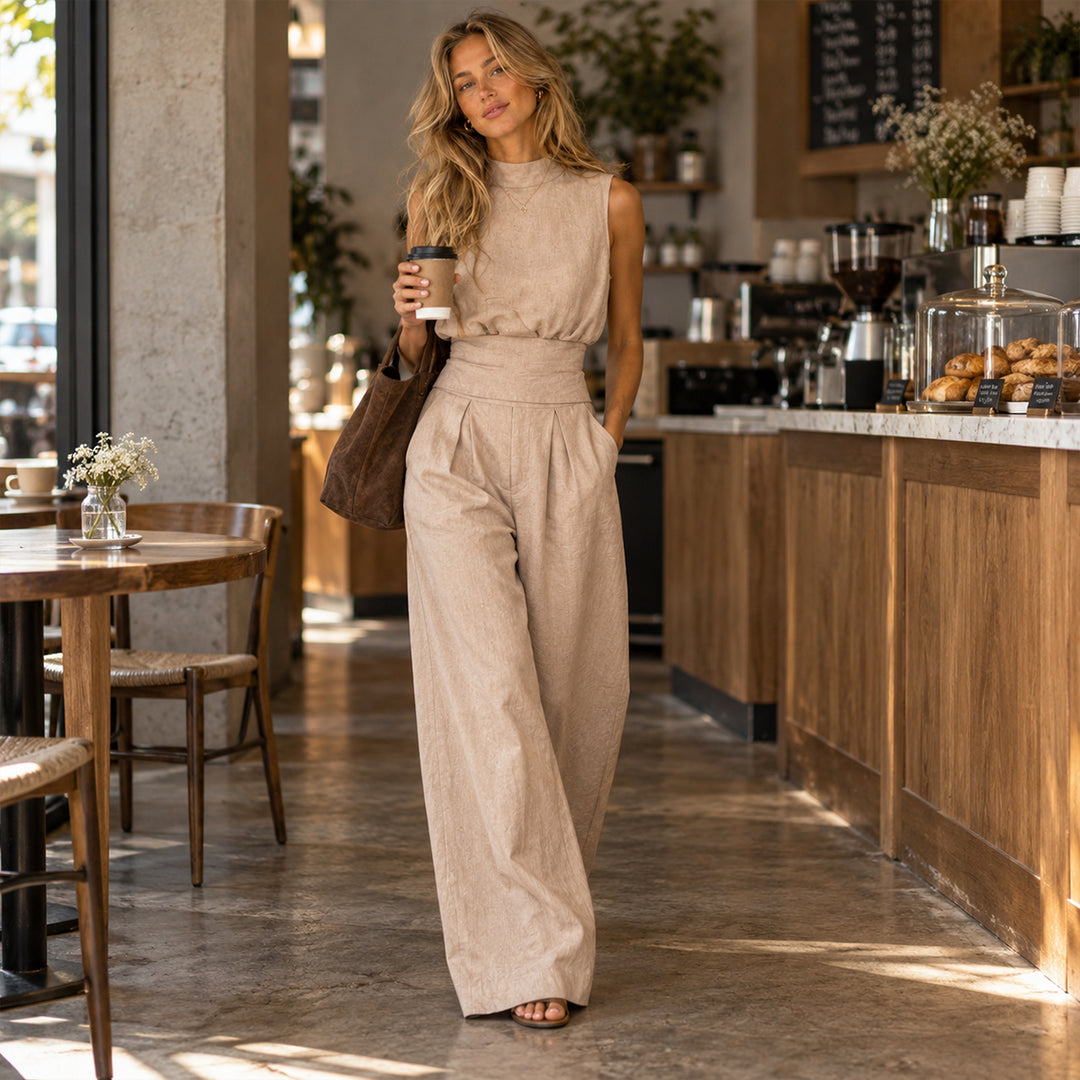 Women's Chic Sleeveless Blouse and Wide Leg Trousers Set