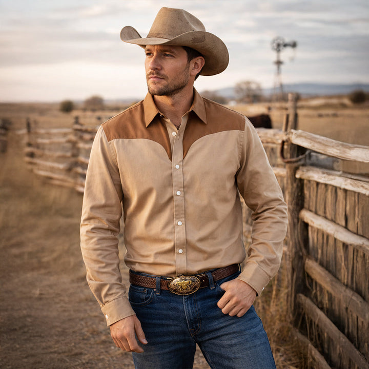 The Brookcrest Men’s Two Tone Patchwork Western Retro Denim Shirt