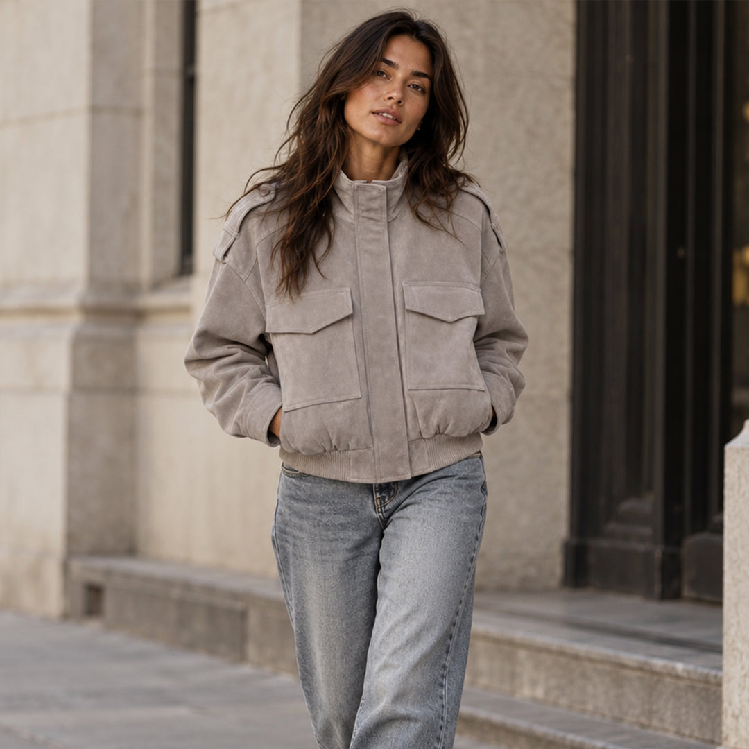 Women's Cropped Suede Bomber Jacket in Gray