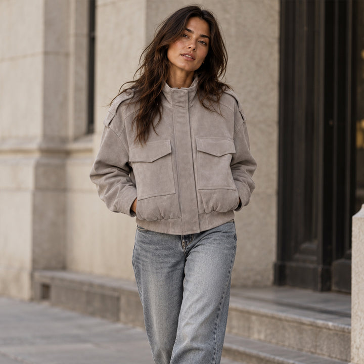 Women's Cropped Suede Bomber Jacket in Gray