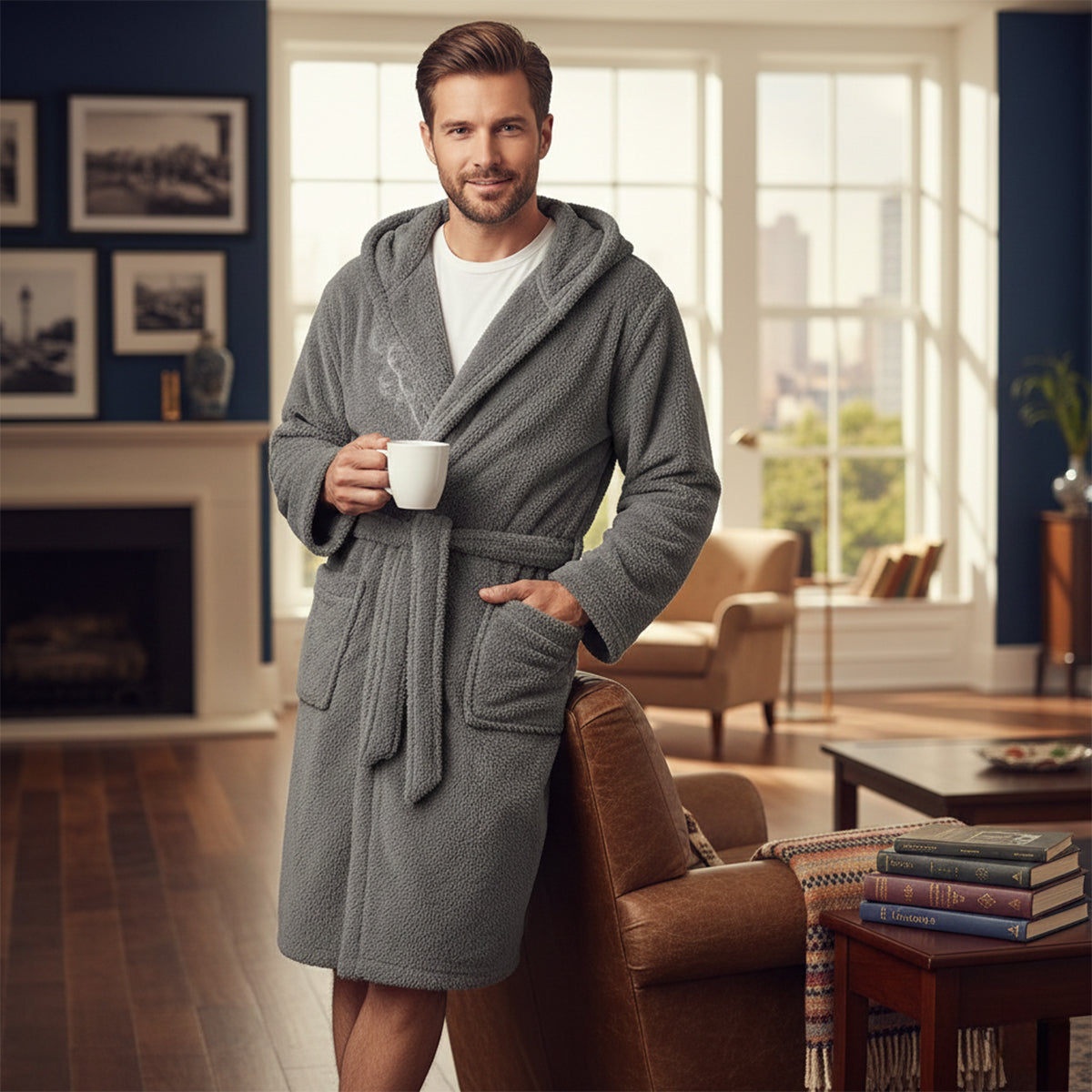 The Hungerford Men's Gray Fleece Hooded Bathrobe with Belt and Pockets