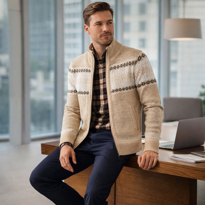 The Castello Men’s Knitted Zip Up Cardigan with Cable Pattern