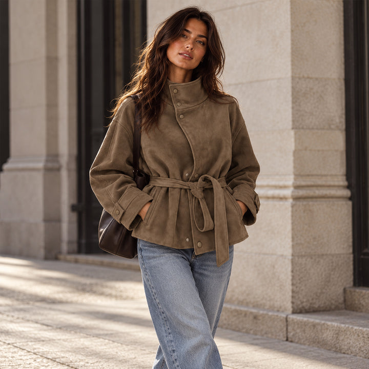 Women's Belted Suede High Collar Jacket in Brown