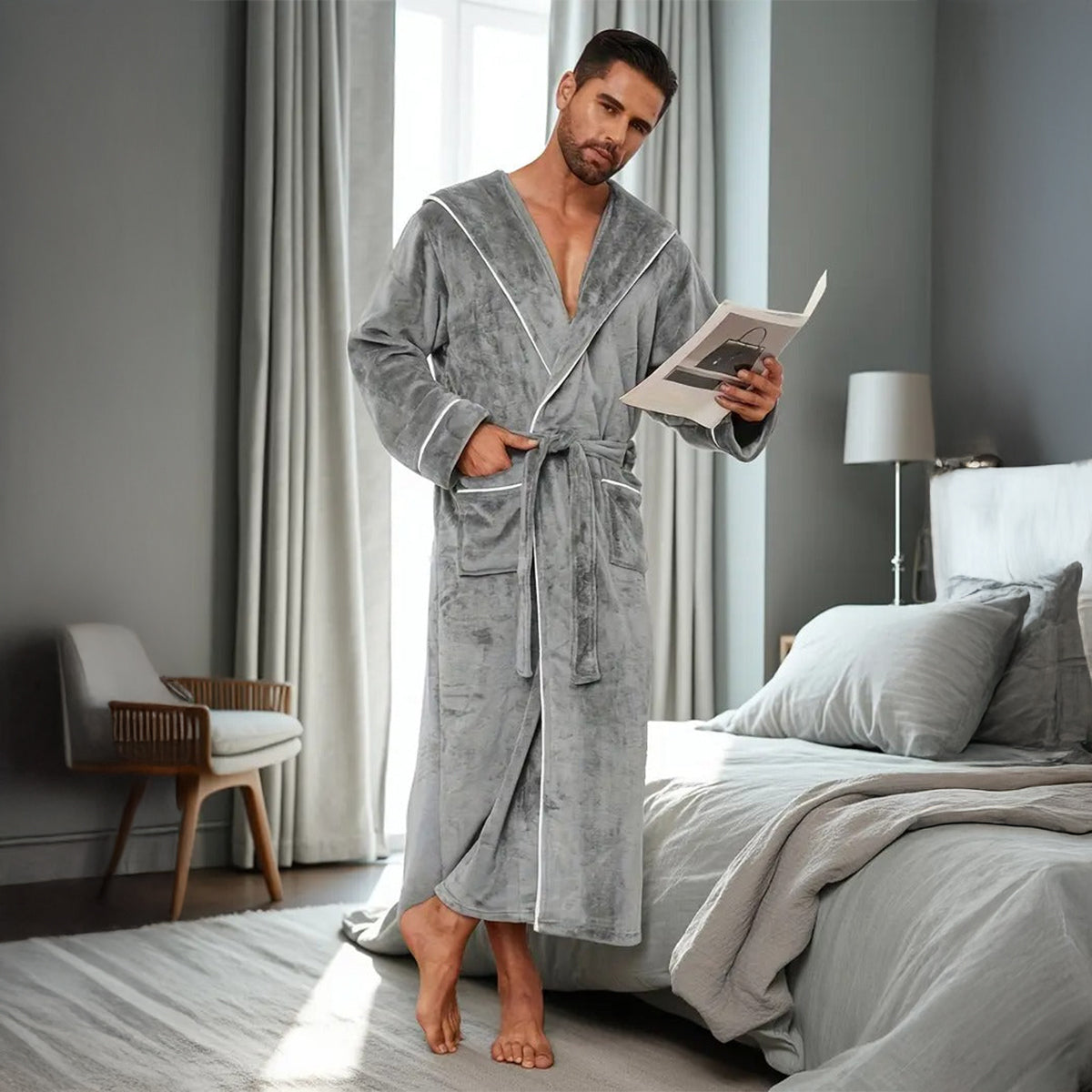 The Kenilworth Men's Hooded Fleece Long Bathrobe with Belt
