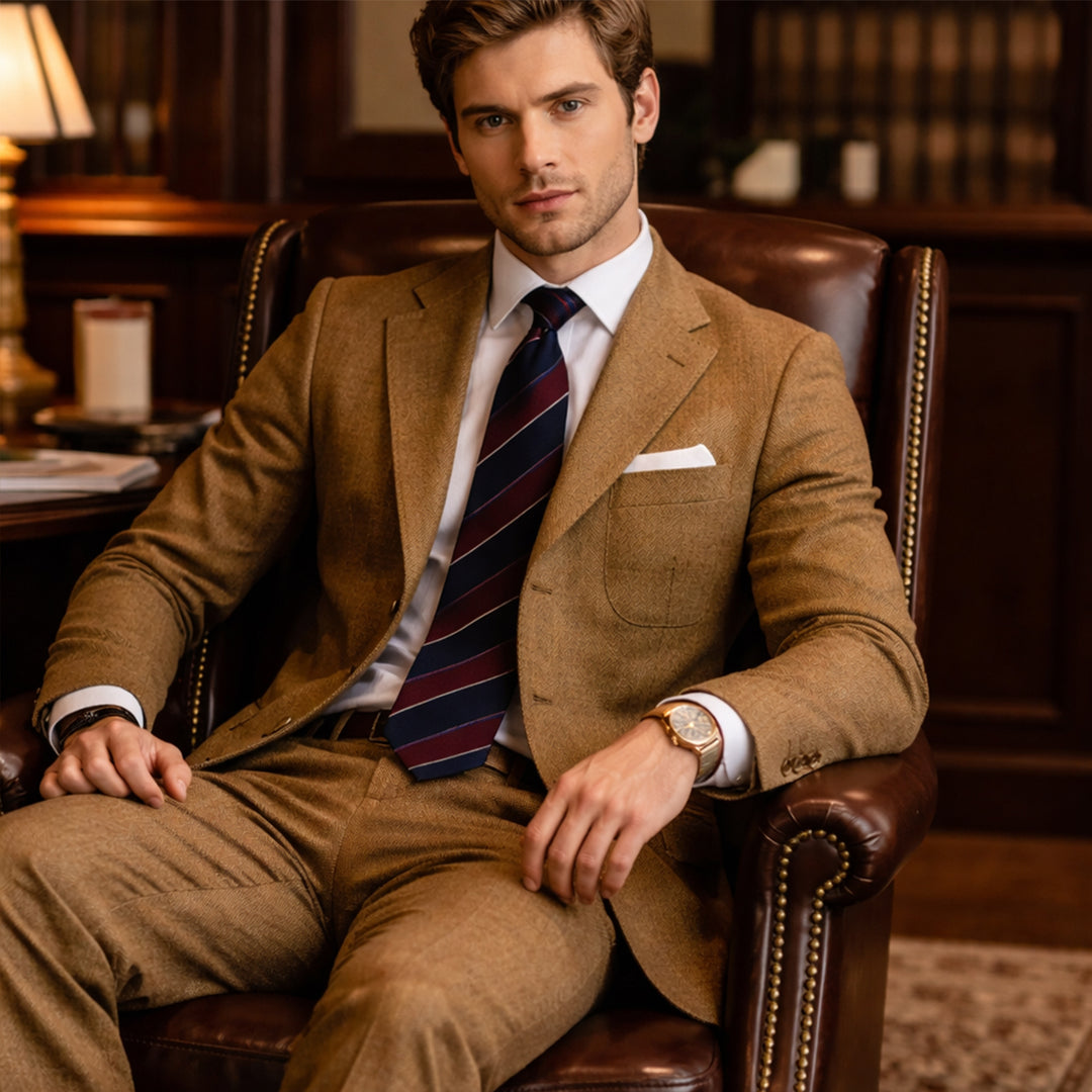 The Como Men’s Smart 3 Piece Tweed Suit – Herringbone Blazer, Waistcoat & Pants
