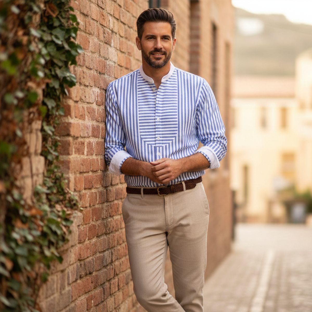 The Glenbrook Men’s Lightweight Slim Fit Striped Stand Collar Shirt