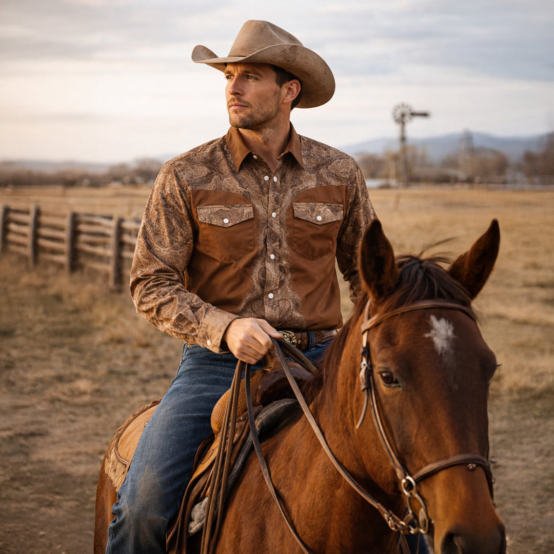 The Brookcrest Men’s Two Tone Patchwork Western Retro Denim Shirt