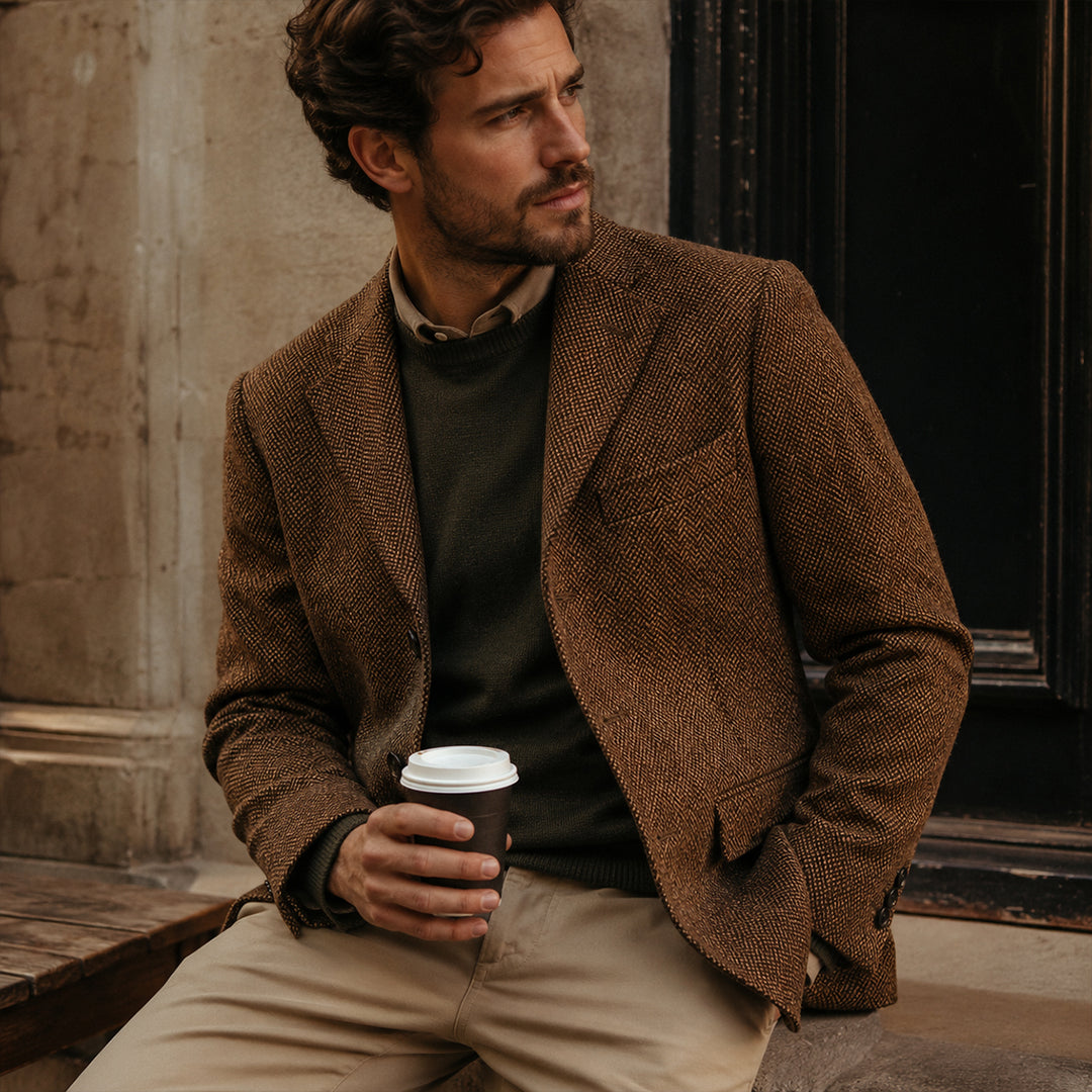 The Dolomiti Men's TweedSingle Breasted Business Blazer Suit - Dark Brown