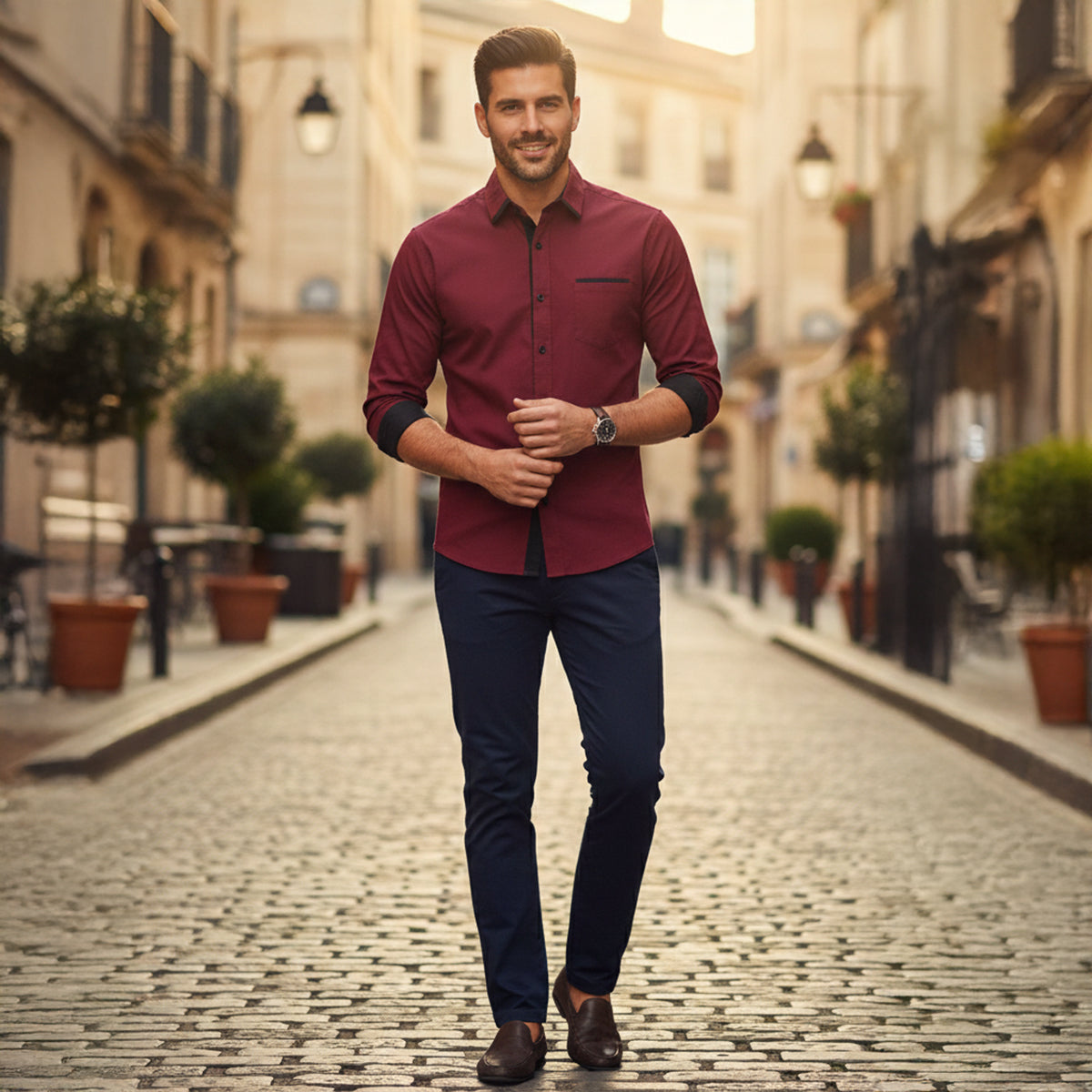 The Gorizia Men’s Trendy Contrast Trim Button Up Shirt