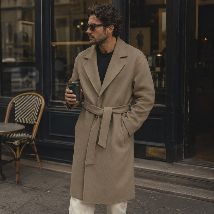 The Whitechapel Men's Elegant Camel Wrap Wool Coat with Belt