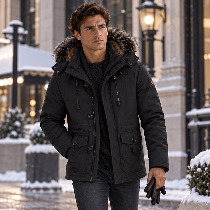 Men's Puffer Jacket Charcoal Fur Hooded Winter Coat