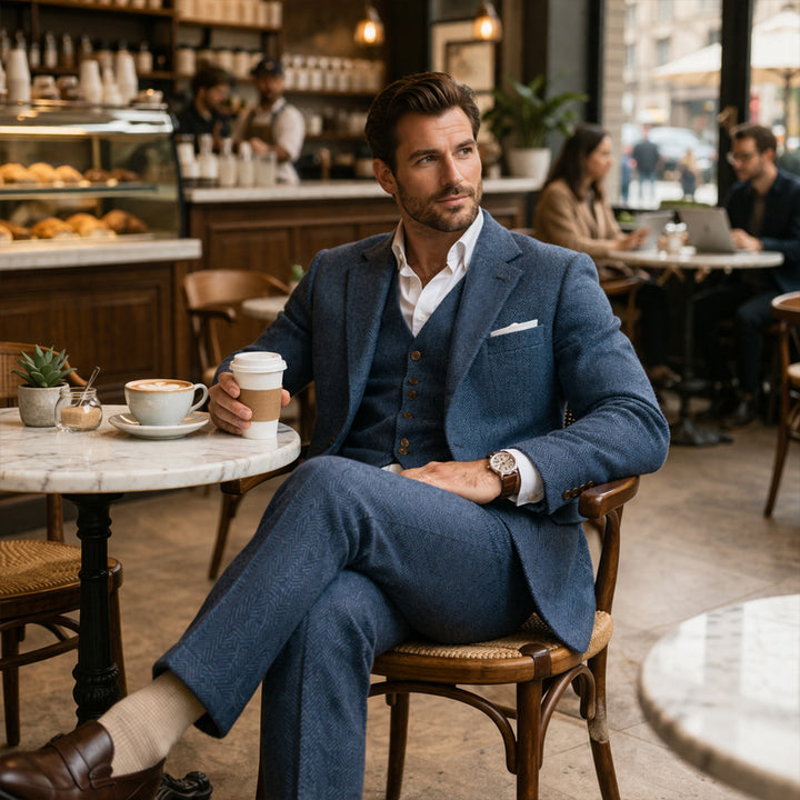 The Como Men’s Smart 3 Piece Tweed Suit – Herringbone Blazer, Waistcoat & Pants