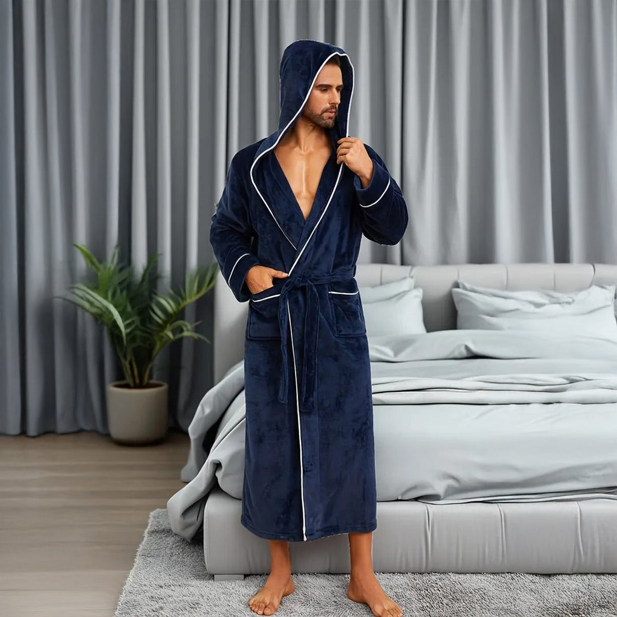 The Kenilworth Men's Hooded Fleece Long Bathrobe with Belt