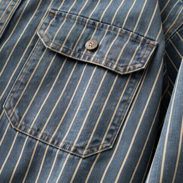 The Oakcrest Men’s Vintage Washed Vertical Stripe Denim Shirt Jacket – Blue