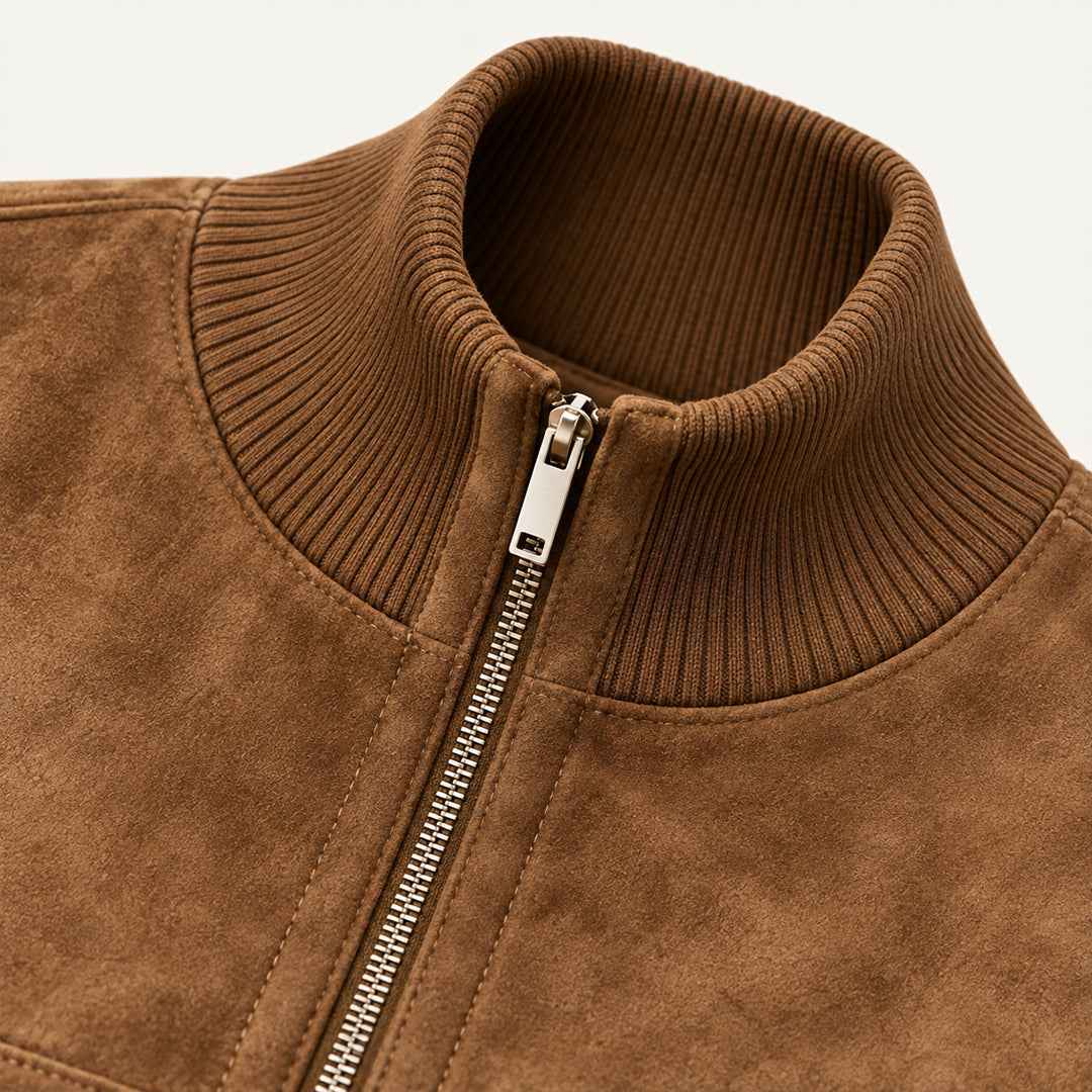 Women's Cropped Suede Bomber Jacket in Brown