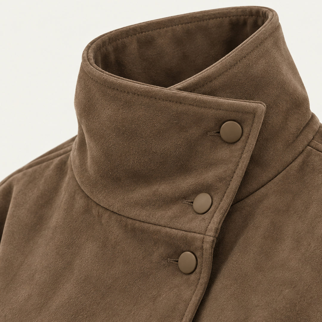 Women's Belted Suede High Collar Jacket in Brown