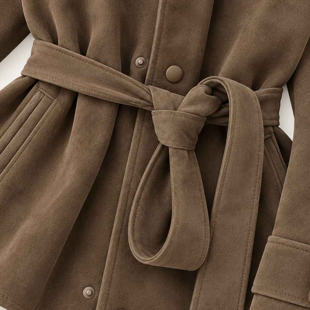 Women's Belted Suede High Collar Jacket in Brown