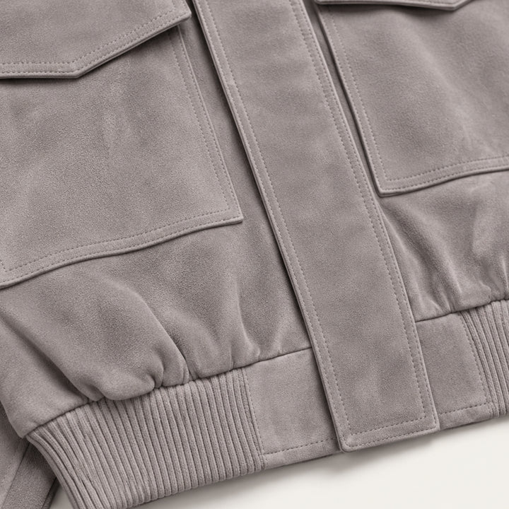 Women's Cropped Suede Bomber Jacket in Gray