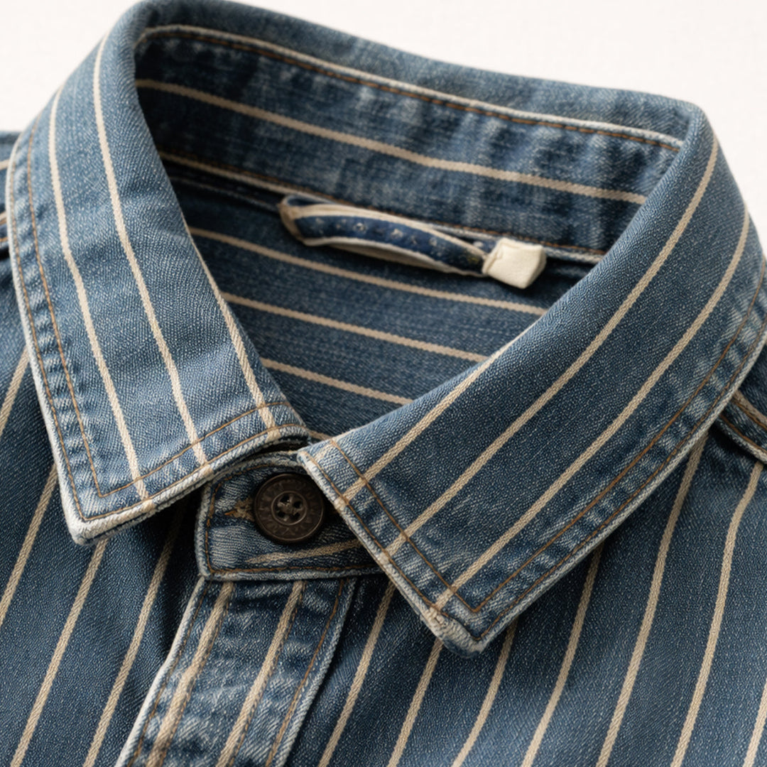 The Oakcrest Men’s Vintage Washed Vertical Stripe Denim Shirt Jacket – Blue
