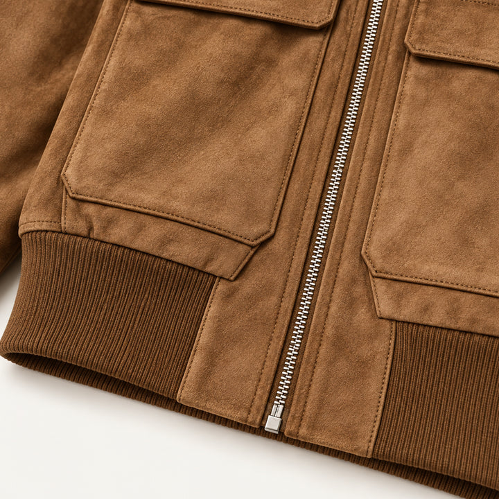 Women's Cropped Suede Bomber Jacket in Brown