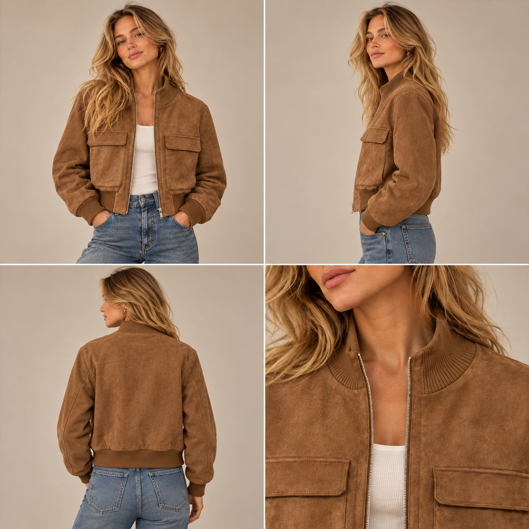 Women's Cropped Suede Bomber Jacket in Brown