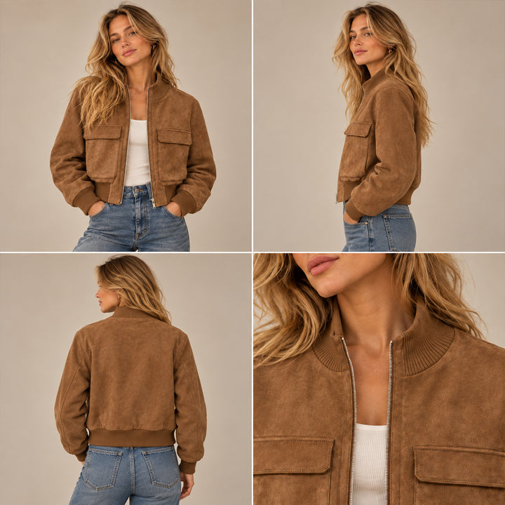 Women's Cropped Suede Bomber Jacket in Brown