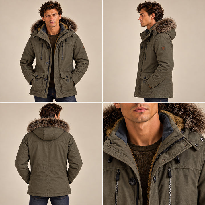 Men's Puffer Jacket Charcoal Fur Hooded Winter Coat