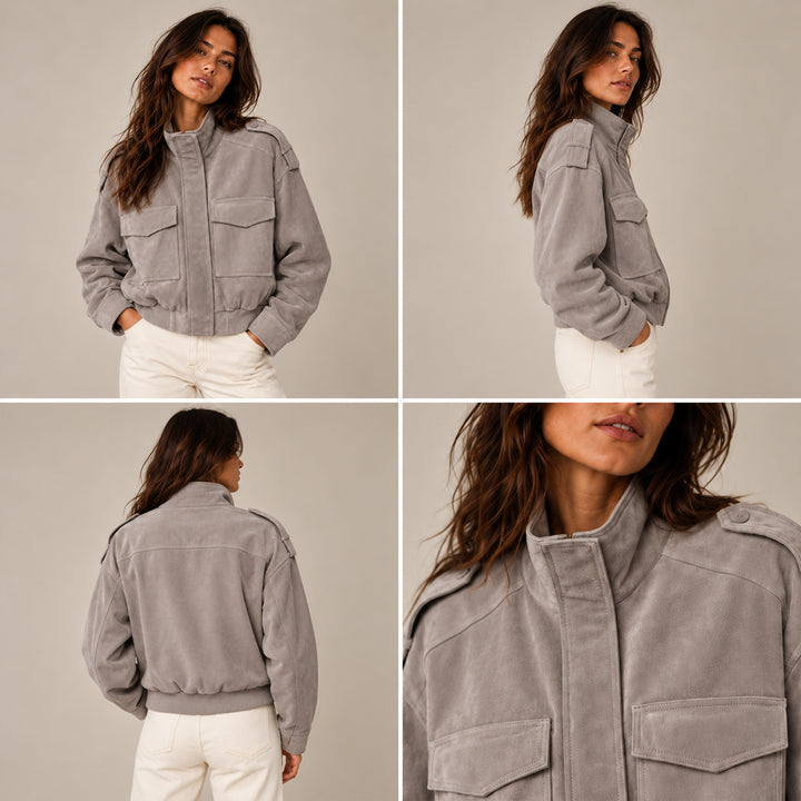 Women's Cropped Suede Bomber Jacket in Gray