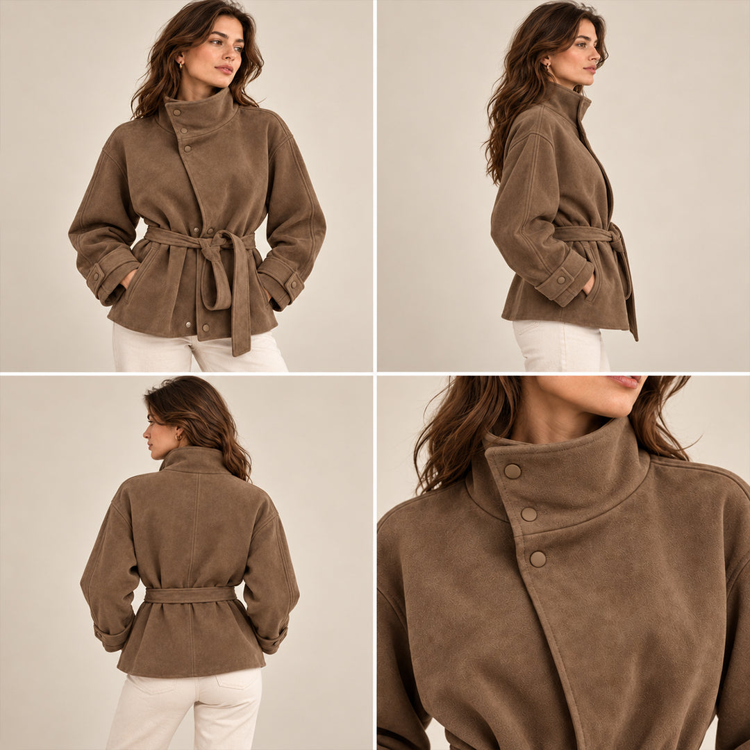 Women's Belted Suede High Collar Jacket in Brown
