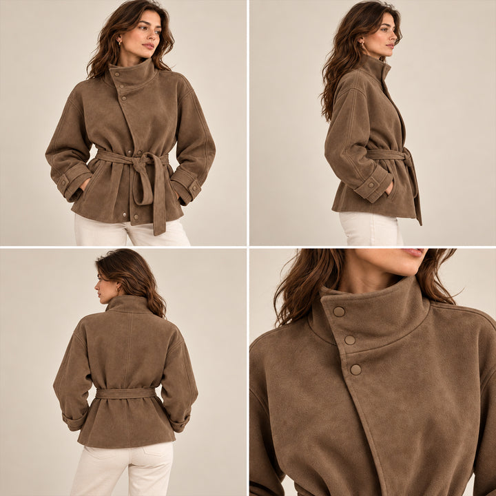 Women's Belted Suede High Collar Jacket in Brown