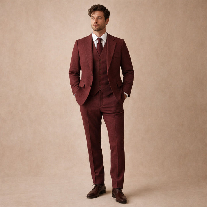 The Como Men’s Smart 3 Piece Tweed Suit – Herringbone Blazer, Waistcoat & Pants