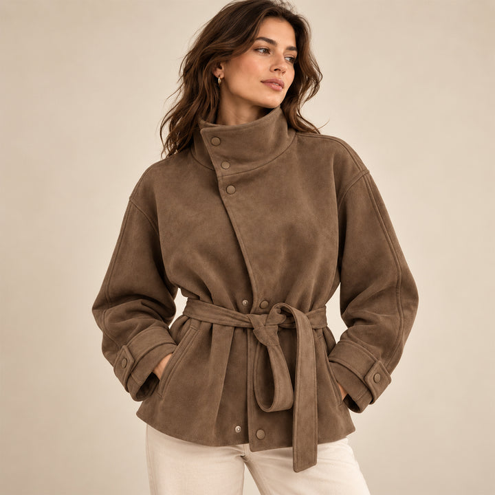 Women's Belted Suede High Collar Jacket in Brown