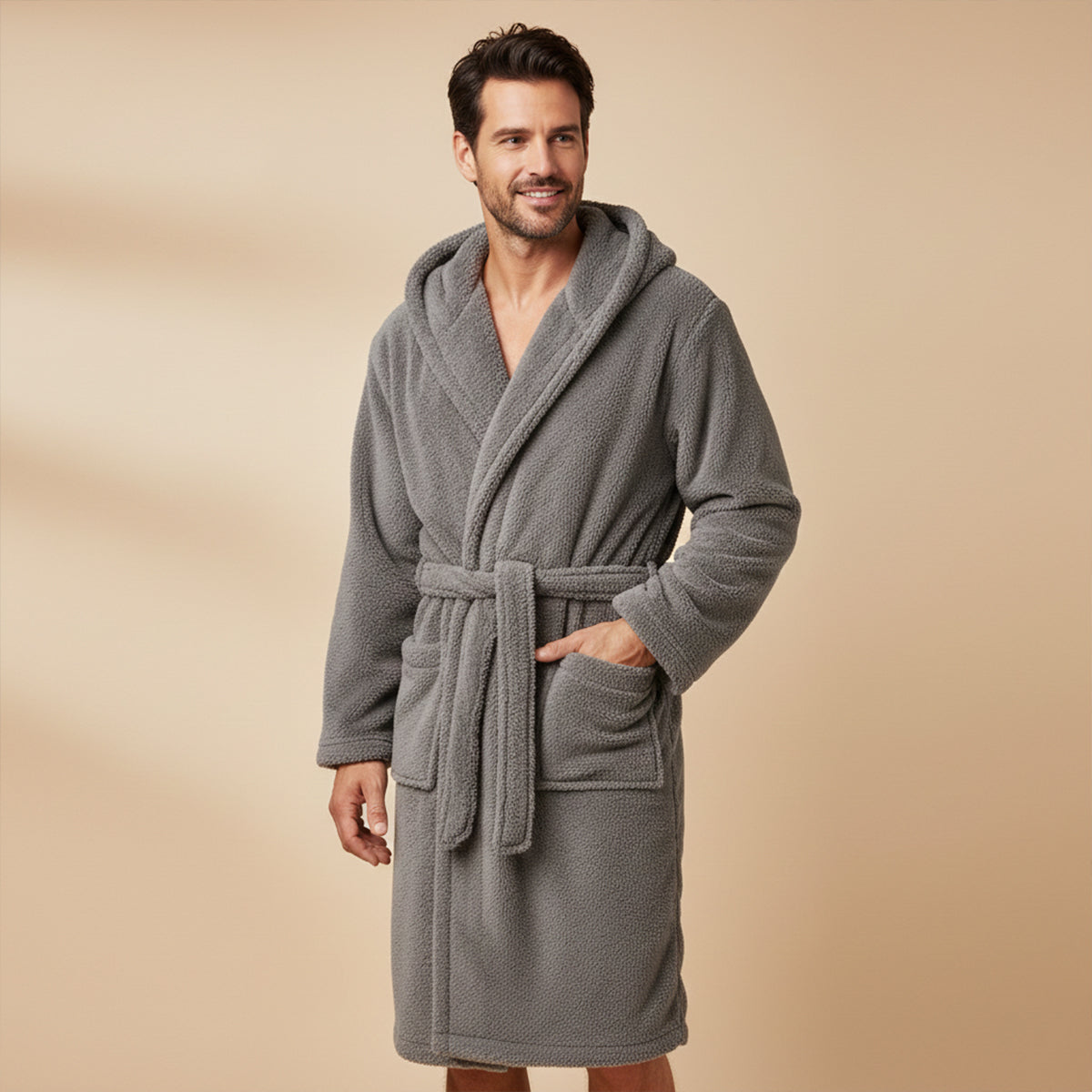 The Hungerford Men's Gray Fleece Hooded Bathrobe with Belt and Pockets