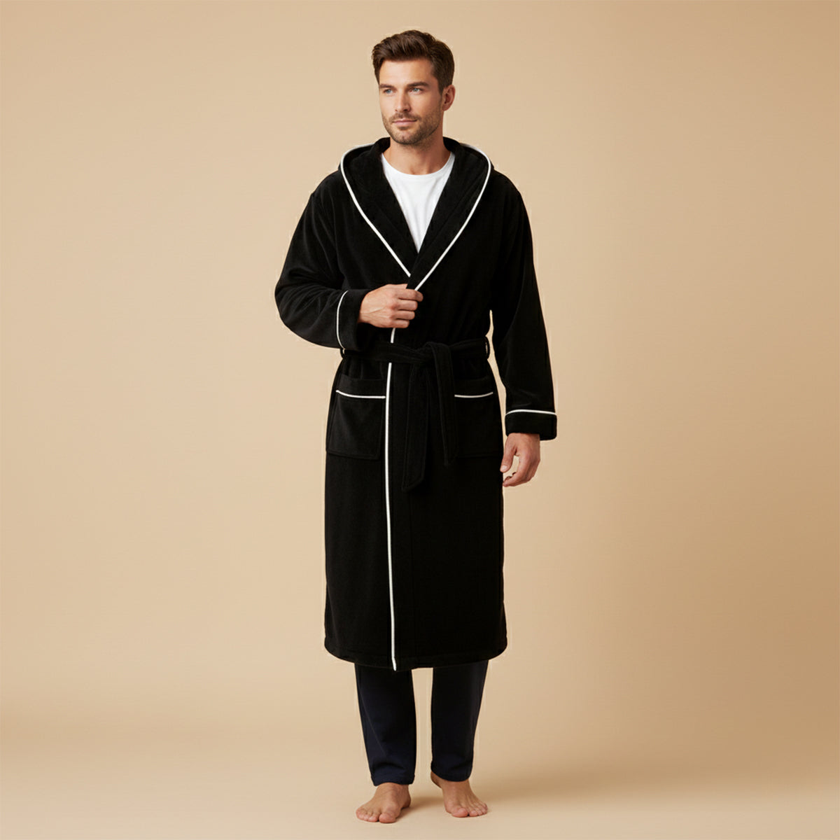 The Kenilworth Men's Hooded Fleece Long Bathrobe with Belt
