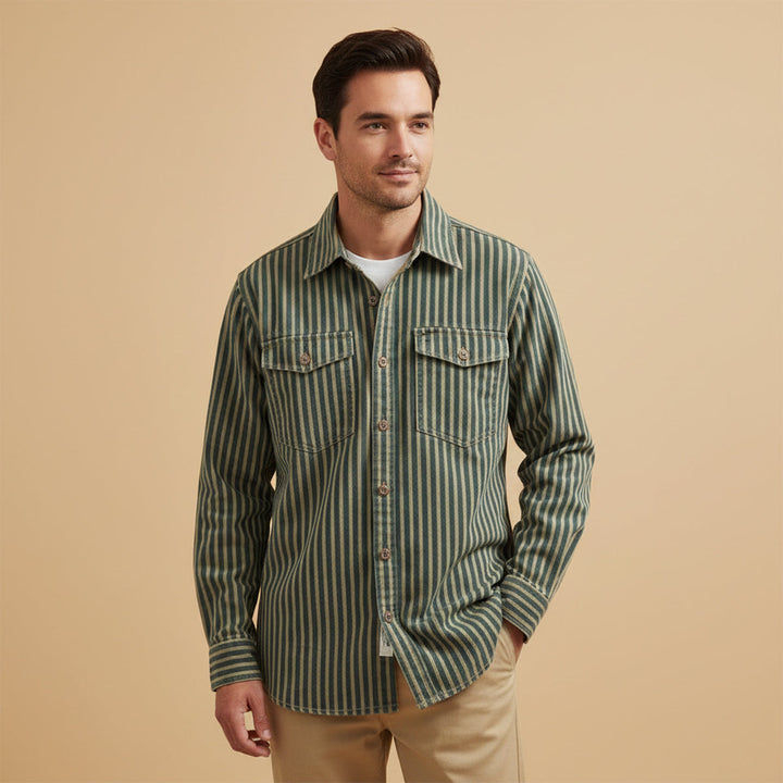 The Willowfall Men’s Nostalgic Casual Vertical Stripe Denim Shirt