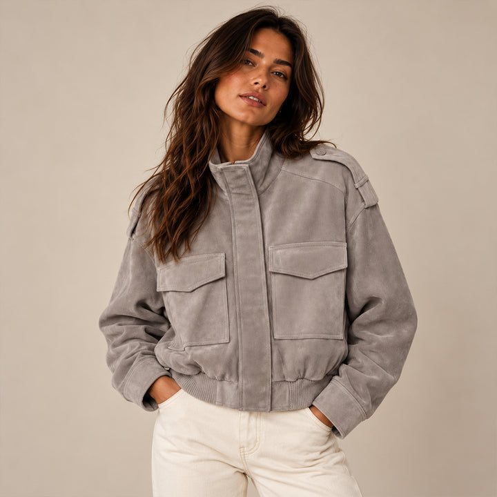 Women's Cropped Suede Bomber Jacket in Gray