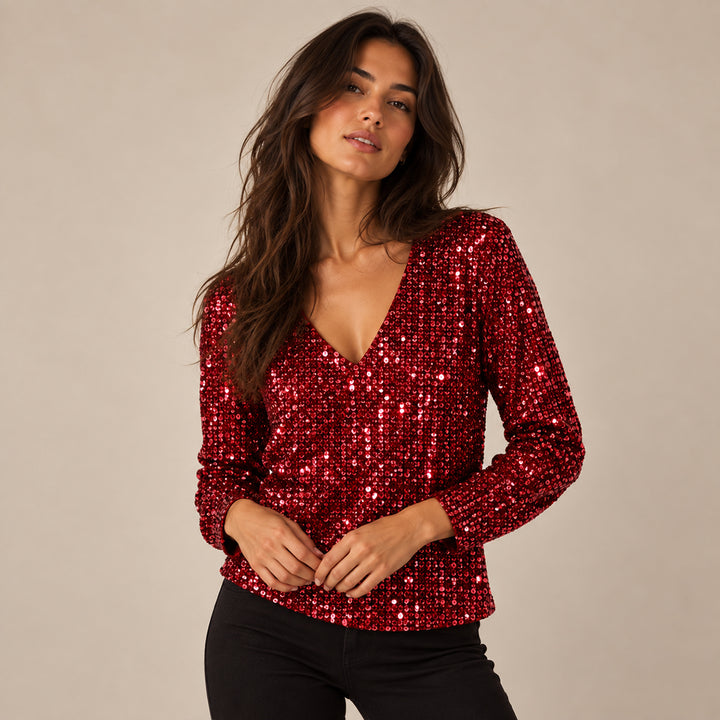 Women's Glitter V Neck Long Sleeve Top