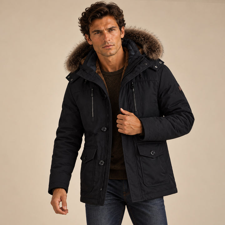 Men's Puffer Jacket Charcoal Fur Hooded Winter Coat