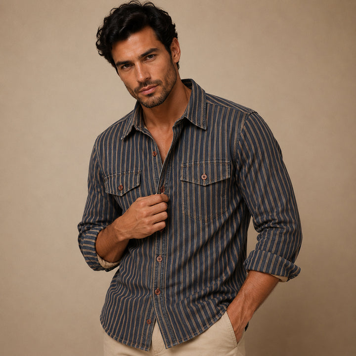 The Marseille Men's Cotton Retro Striped Button Up Shirt