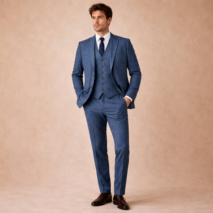 The Como Men’s Smart 3 Piece Tweed Suit – Herringbone Blazer, Waistcoat & Pants