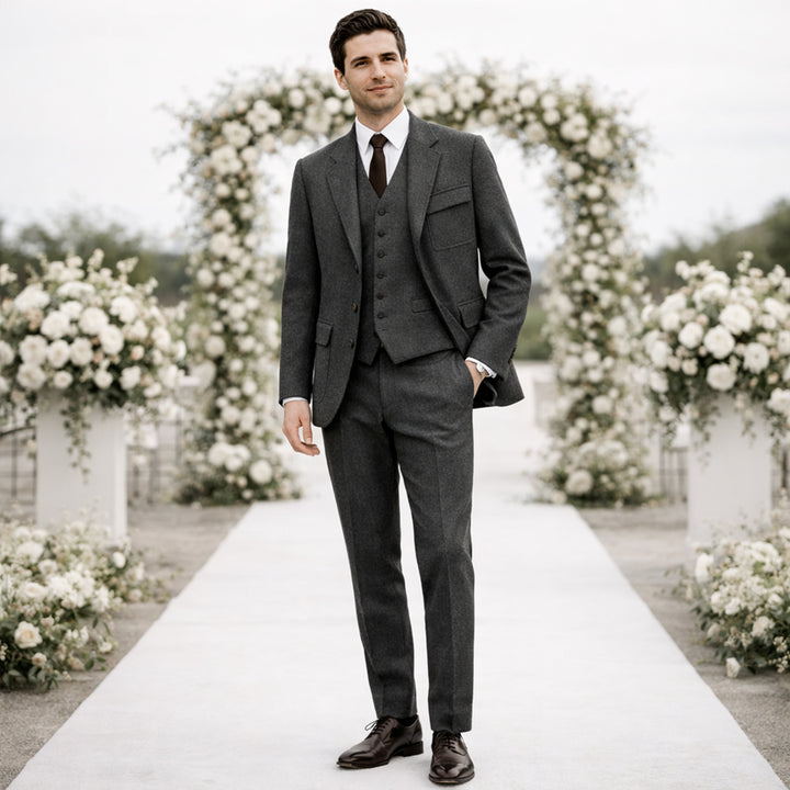 The Portofino Men’s Elegant 3 Piece Tweed Suit – Herringbone Blazer, Waistcoat & Pants