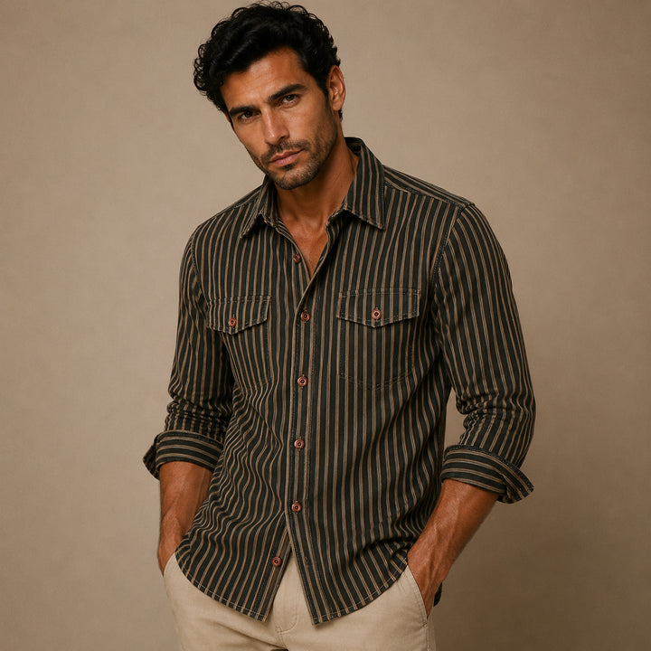 The Marseille Men's Cotton Retro Striped Button Up Shirt