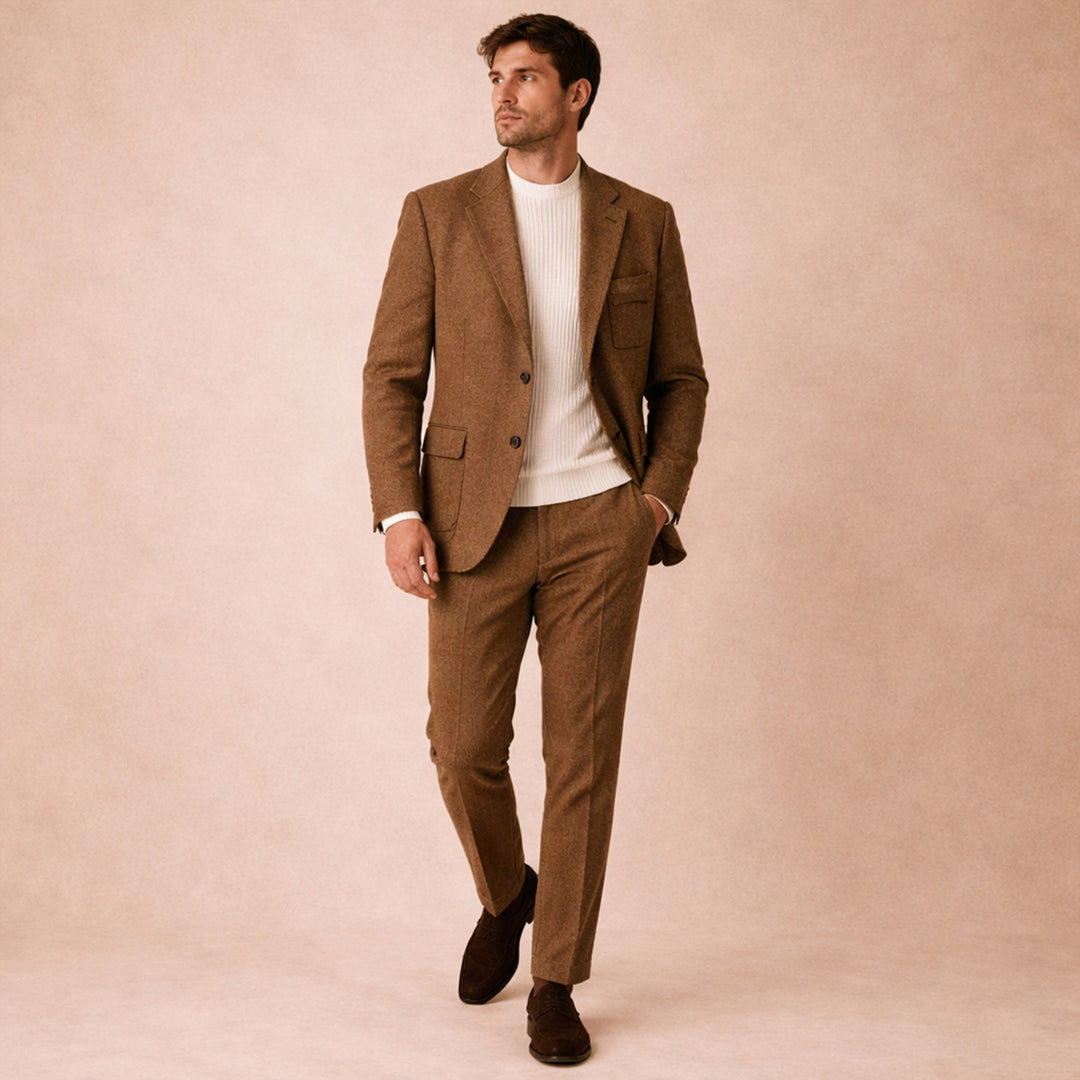 The Como Men’s Smart 3 Piece Tweed Suit – Herringbone Blazer, Waistcoat & Pants