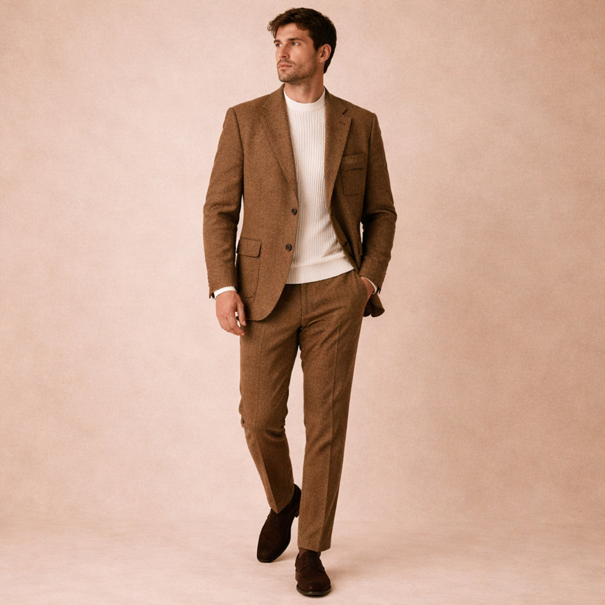 The Como Men’s Smart 3 Piece Tweed Suit – Herringbone Blazer, Waistcoat & Pants
