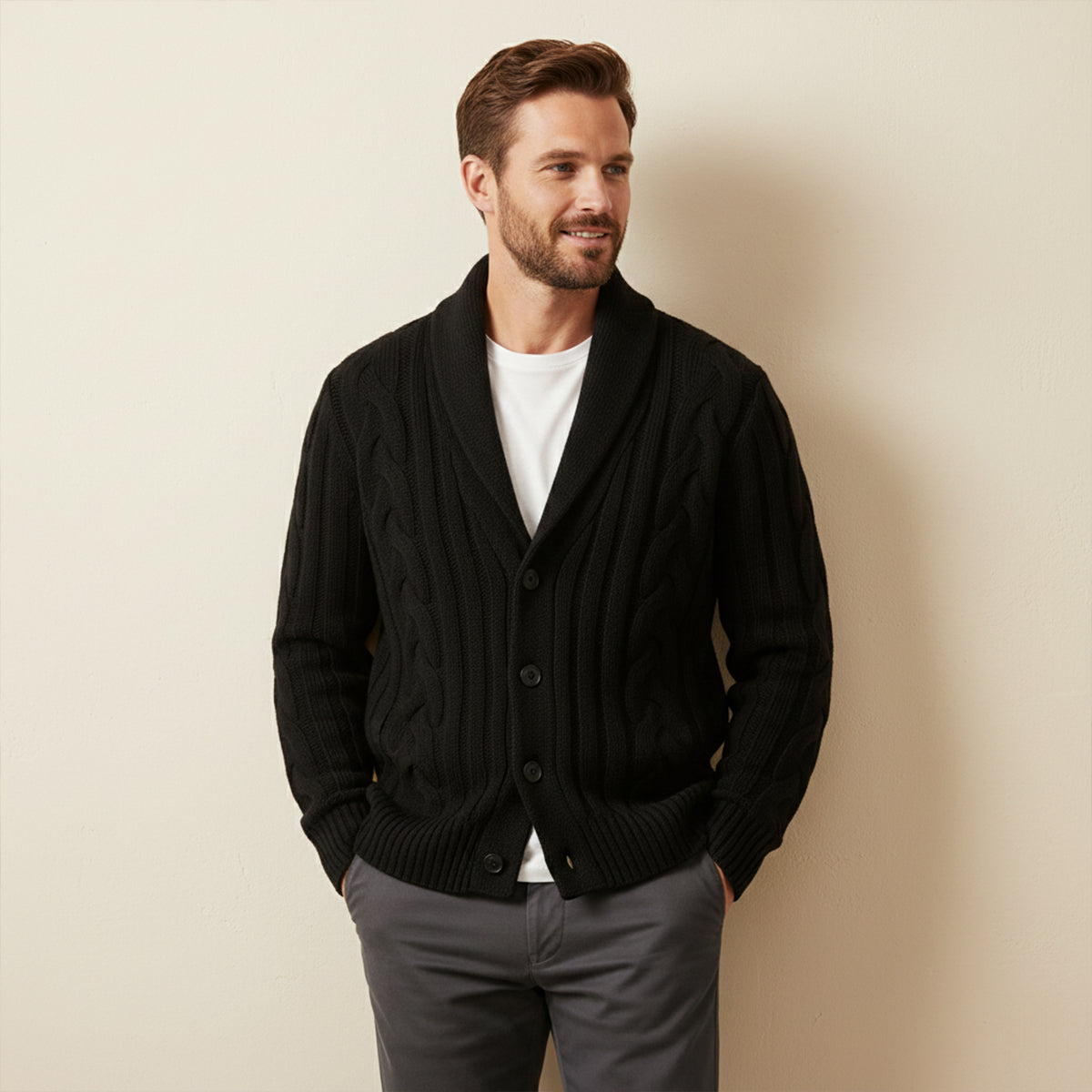 The Florence Men’s Winter Button Up Cable Knit Shawl Collar Cardigan