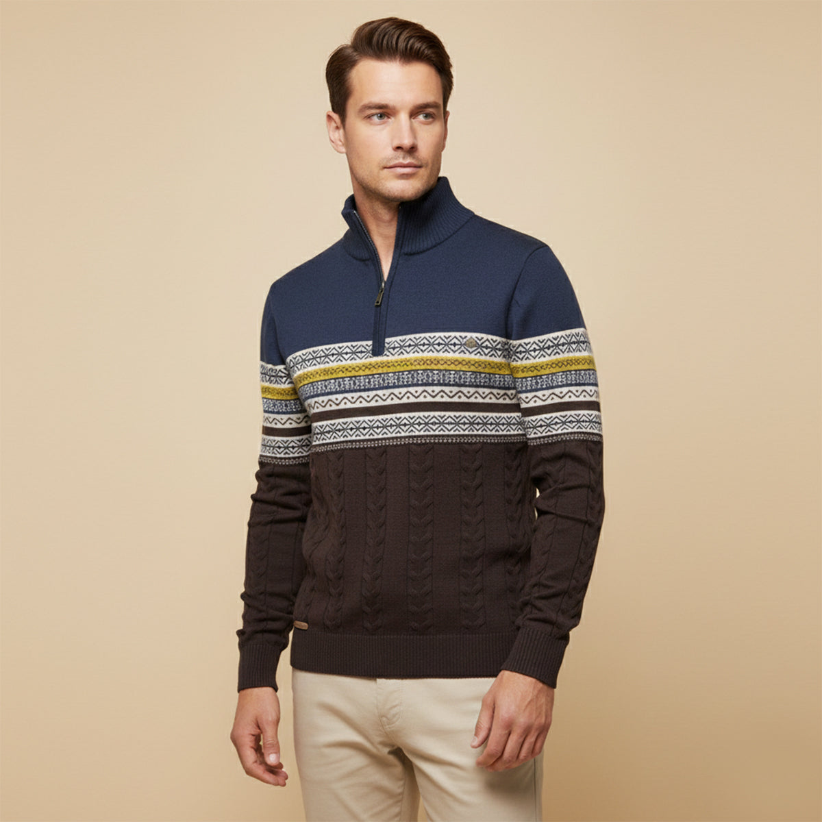 The Chatsworth Men's Quarter Zip Cotton Sweater – Fair Isle Knit