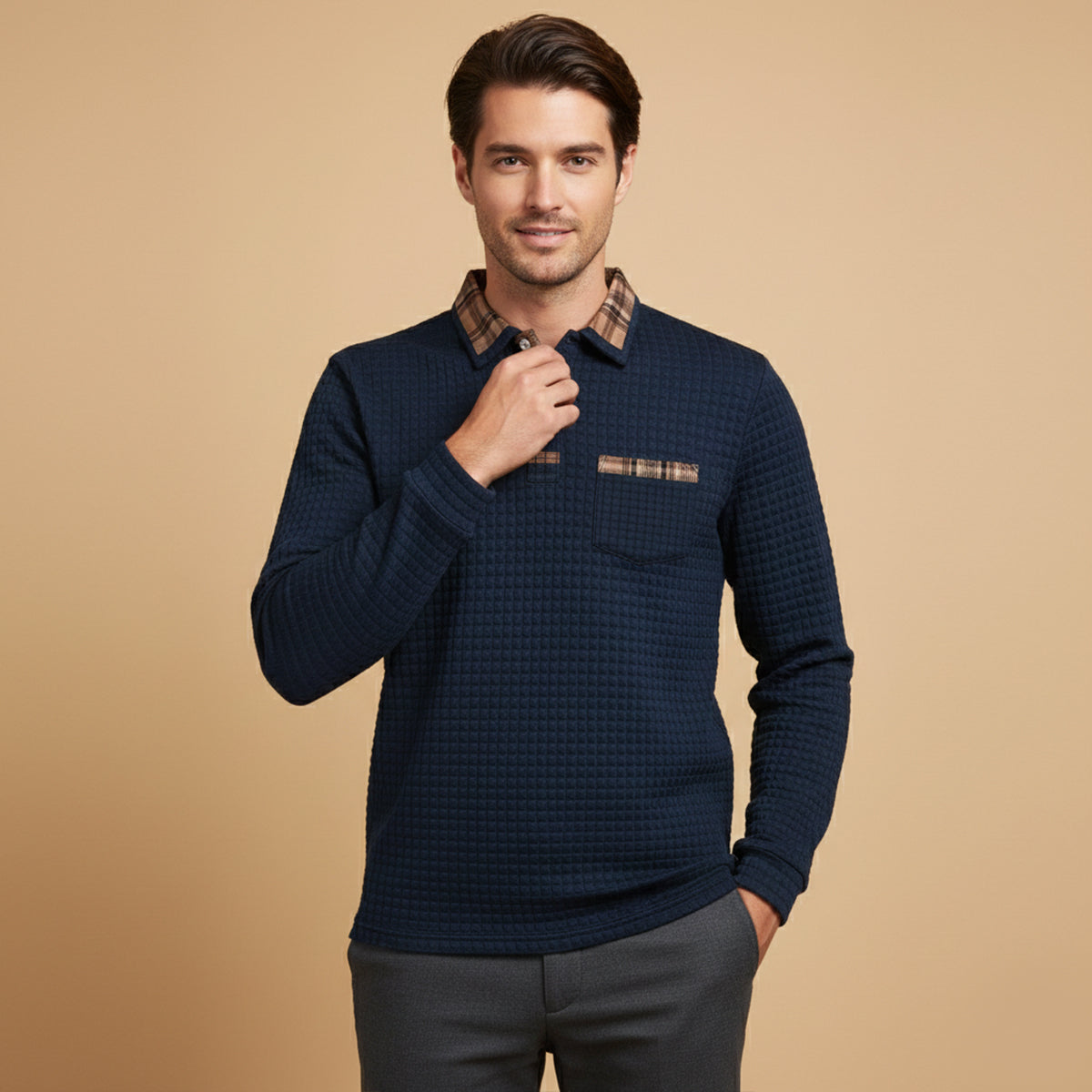 The Saturnia Men’s Waffle Knit Polo Sweater with Plaid Collar