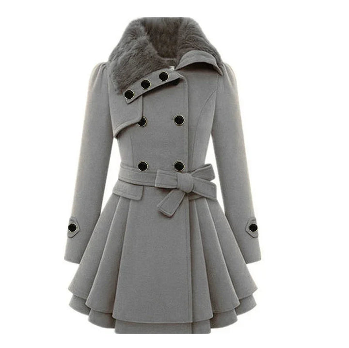 Women's Fur Collar Peacoat – Elegant Belted Fit & Flare Winter Coat