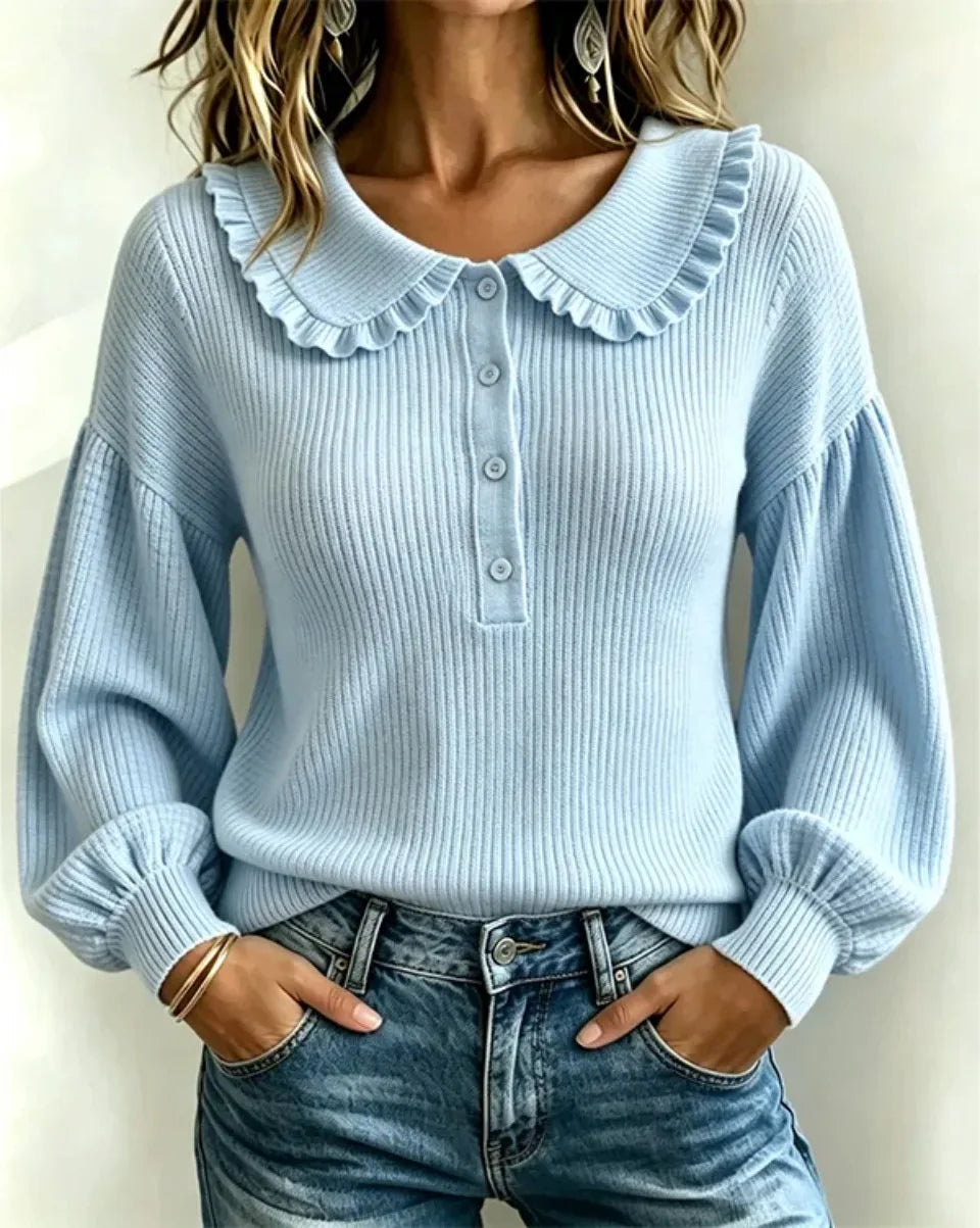 Women's Ruffle Collar Ribbed Knit Sweater