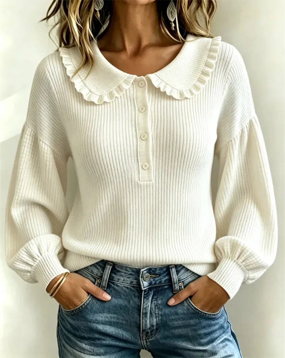 Women's Ruffle Collar Ribbed Knit Sweater